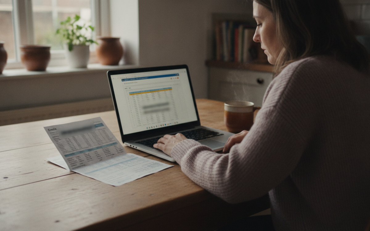 Person at a kitchen table checking how price caps affect your bills on a laptop