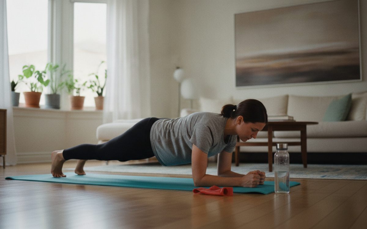 Person doing a simple home workout on a mat in a bright UK living room