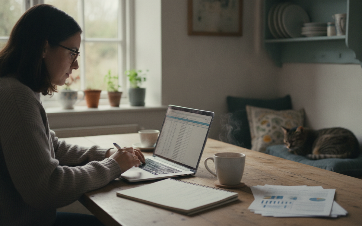 UK saver at a kitchen table planning how to build an emergency fund on a laptop