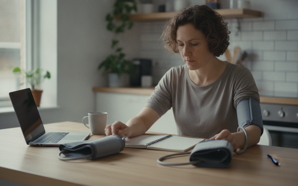 A person comparing options to choose a blood pressure monitor at a kitchen table