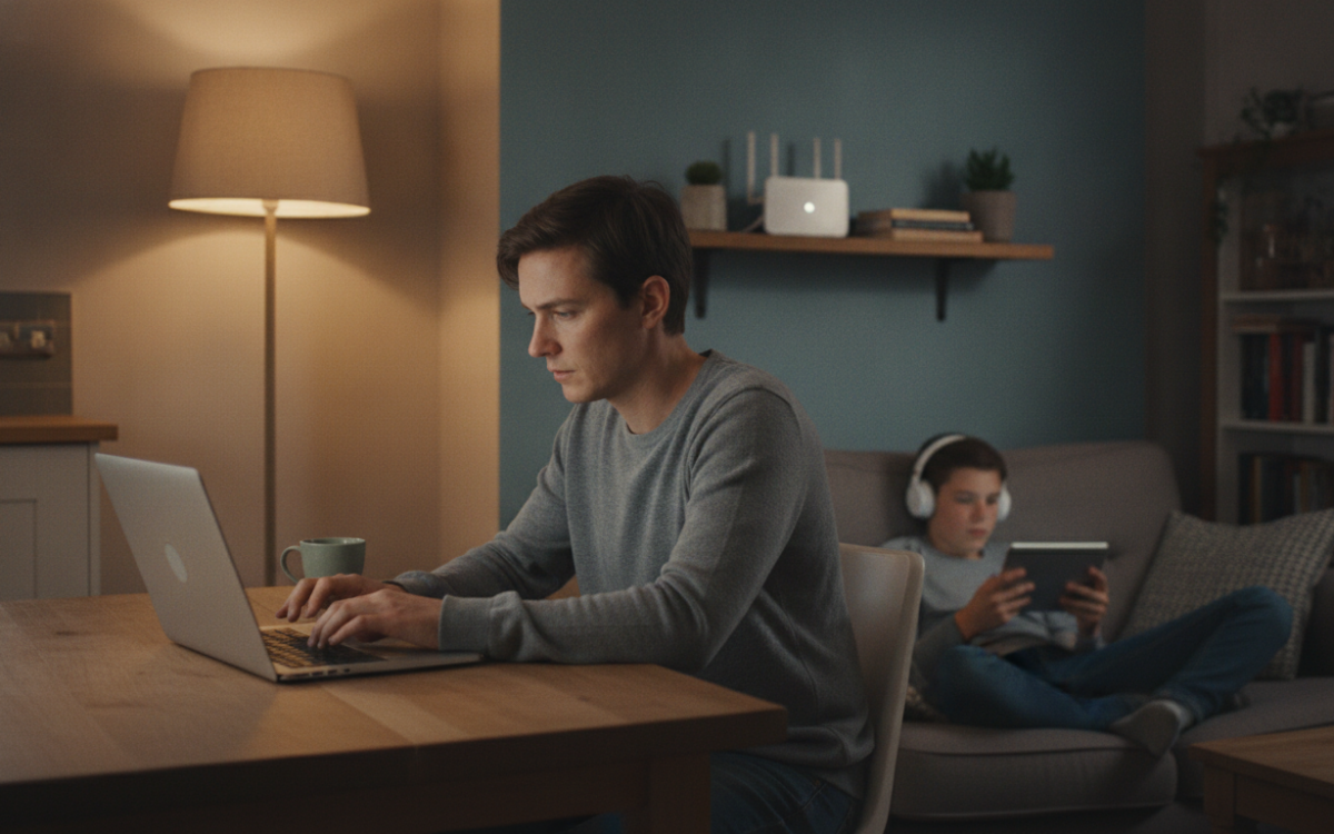 A family comparing a broadband deal for a busy home at the kitchen table