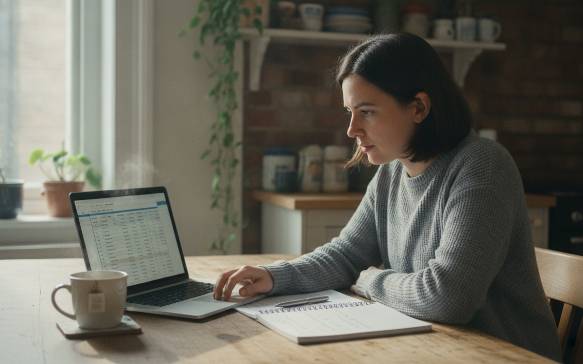 Person at a kitchen table using a laptop to choose a current account