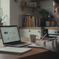 Person at a kitchen table trying to choose a home wifi router on a laptop