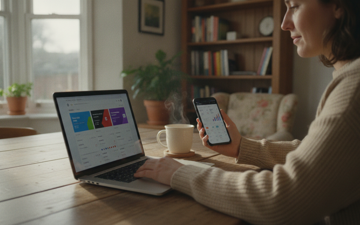 Person at a kitchen table comparing a mobile phone plan on a laptop and smartphone