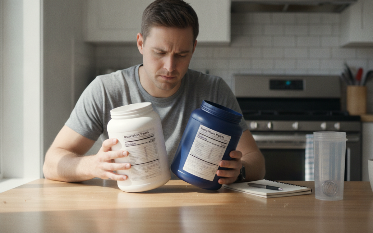 A UK shopper reading labels to choose a protein powder at a kitchen table