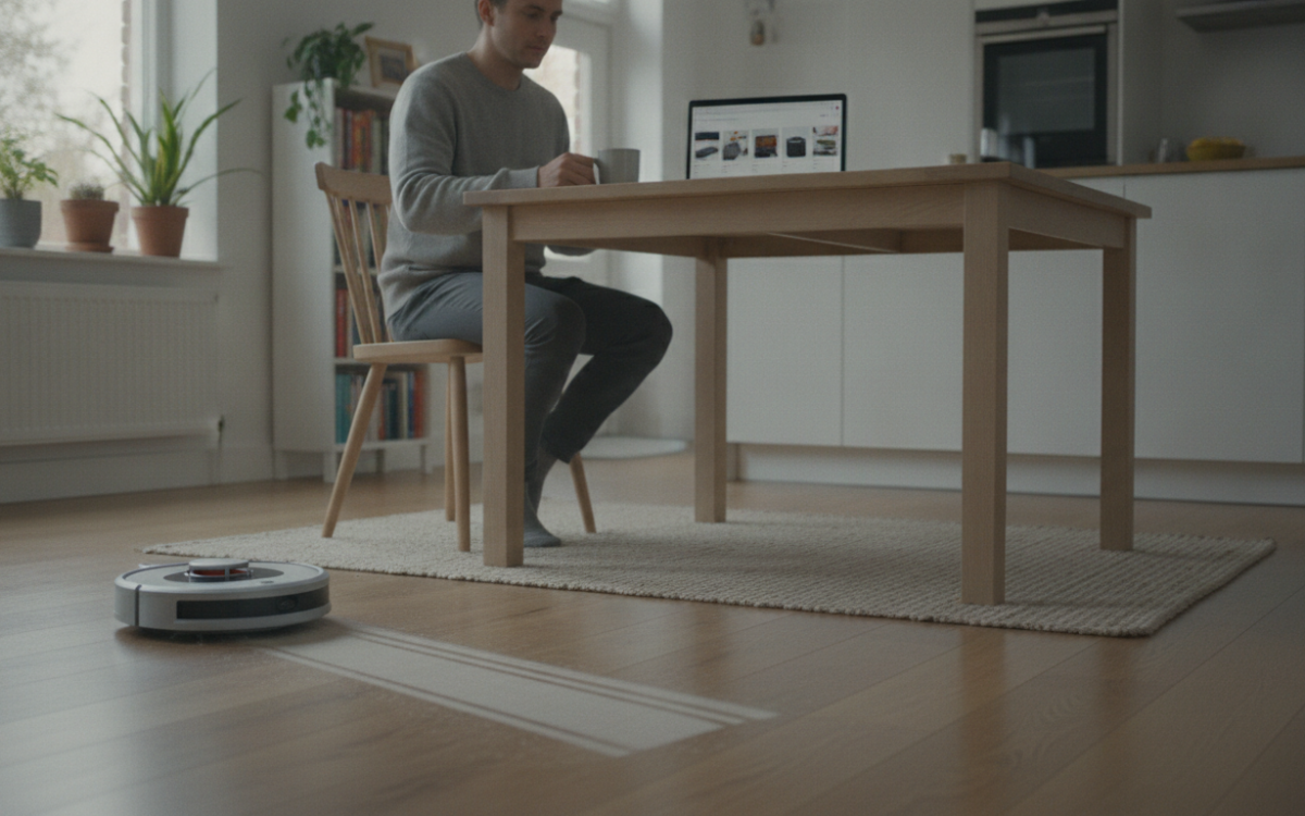 UK shopper researching how to choose a robot vacuum at a kitchen table