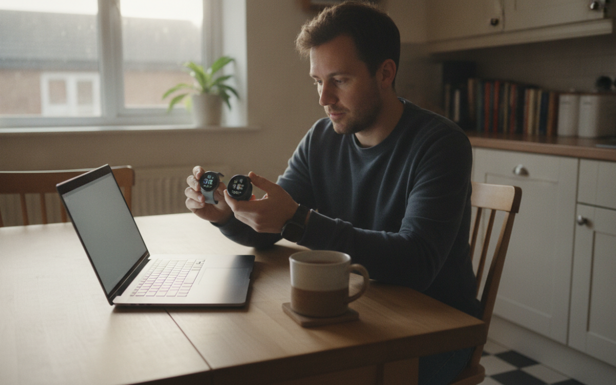 Person comparing options to choose a smartwatch at a kitchen table