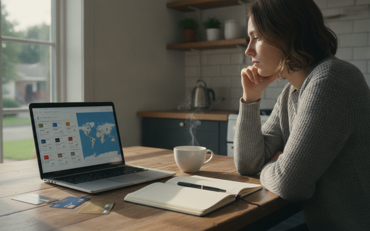 Person comparing a travel credit card at a kitchen table with a laptop