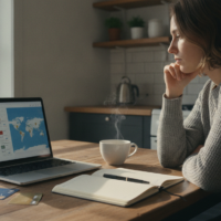 Person comparing a travel credit card at a kitchen table with a laptop