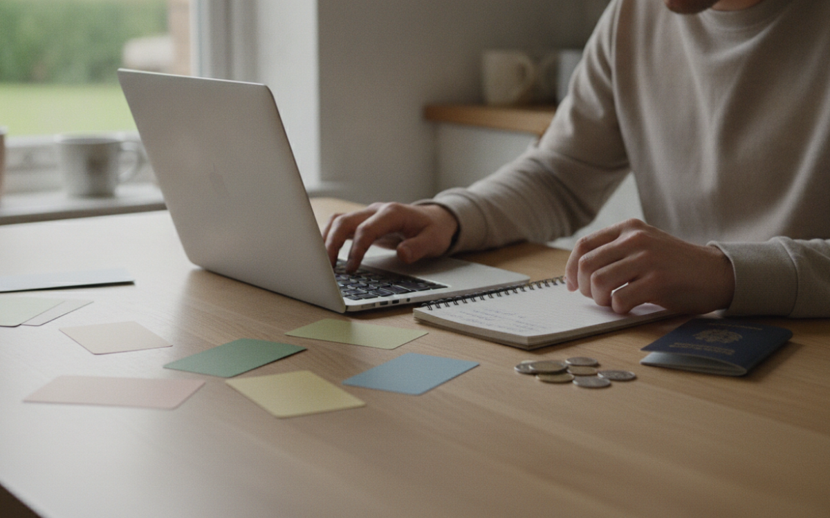 Person at a kitchen table comparing options to choose a travel money card