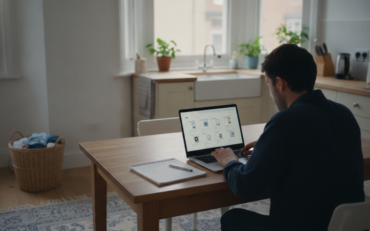 Person at a table learning how to choose a tumble dryer on a laptop