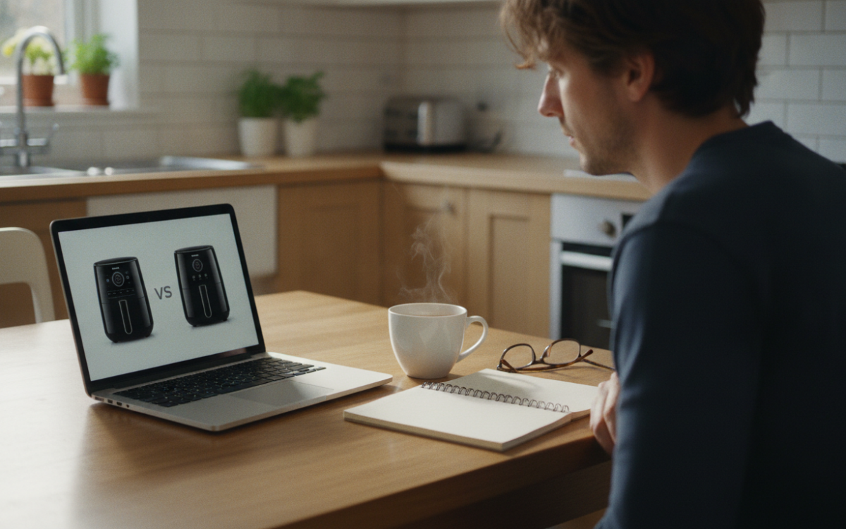 UK shopper comparing options to choose an air fryer that lasts at a kitchen table