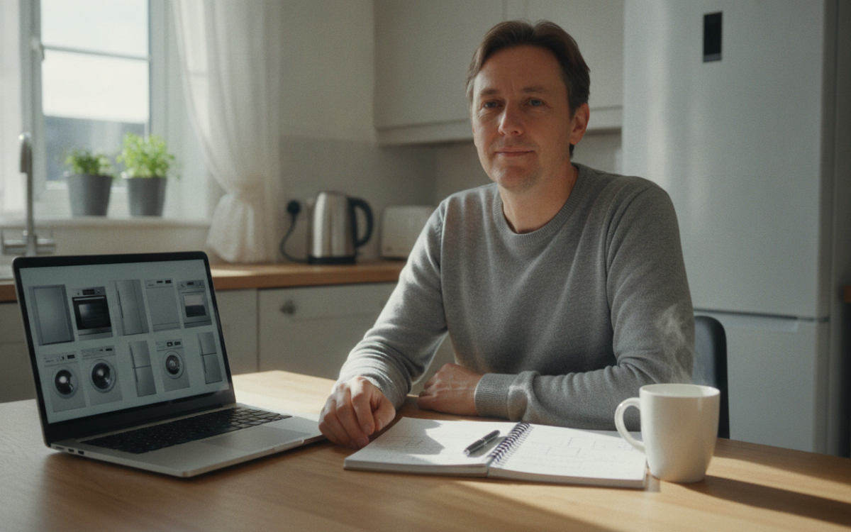 Person comparing energy efficient appliances on a laptop at a kitchen table