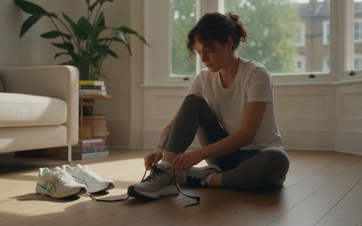 A runner checking running shoes that fit by trying them on at home