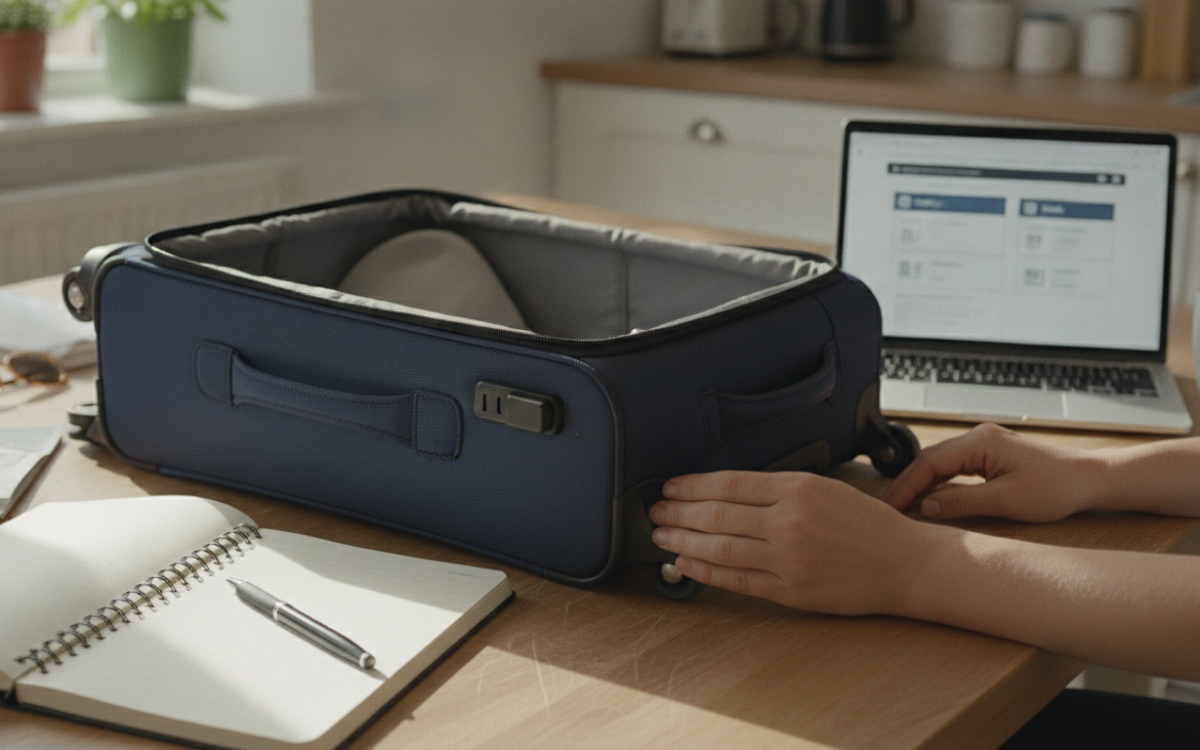 Person checking wheels and zips to choose travel luggage that lasts at a kitchen table