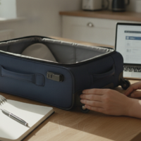 Person checking wheels and zips to choose travel luggage that lasts at a kitchen table