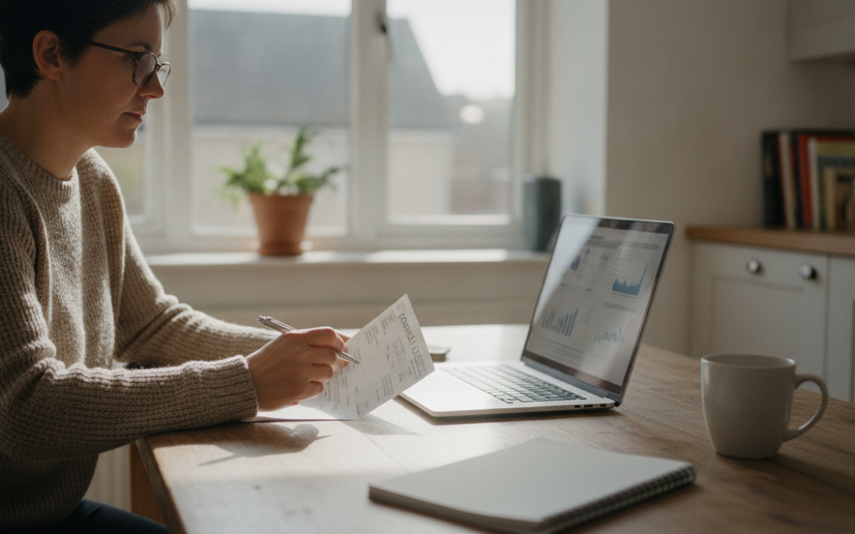 Person at a kitchen table checking how to claim a council tax discount on a laptop