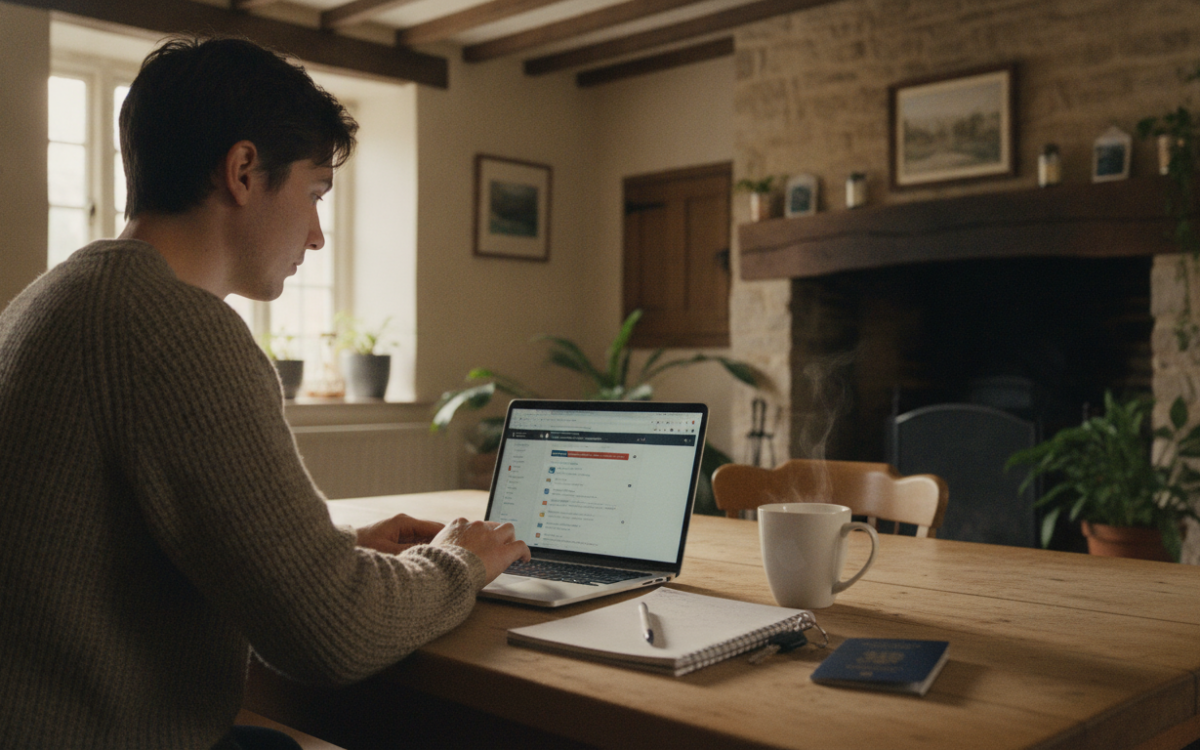 Person at a kitchen table using a laptop to compare airport parking options