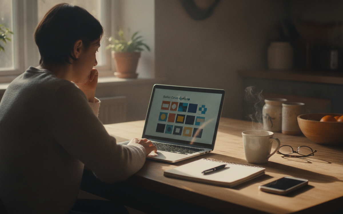 A UK homeowner at a kitchen table comparing boiler cover options on a laptop