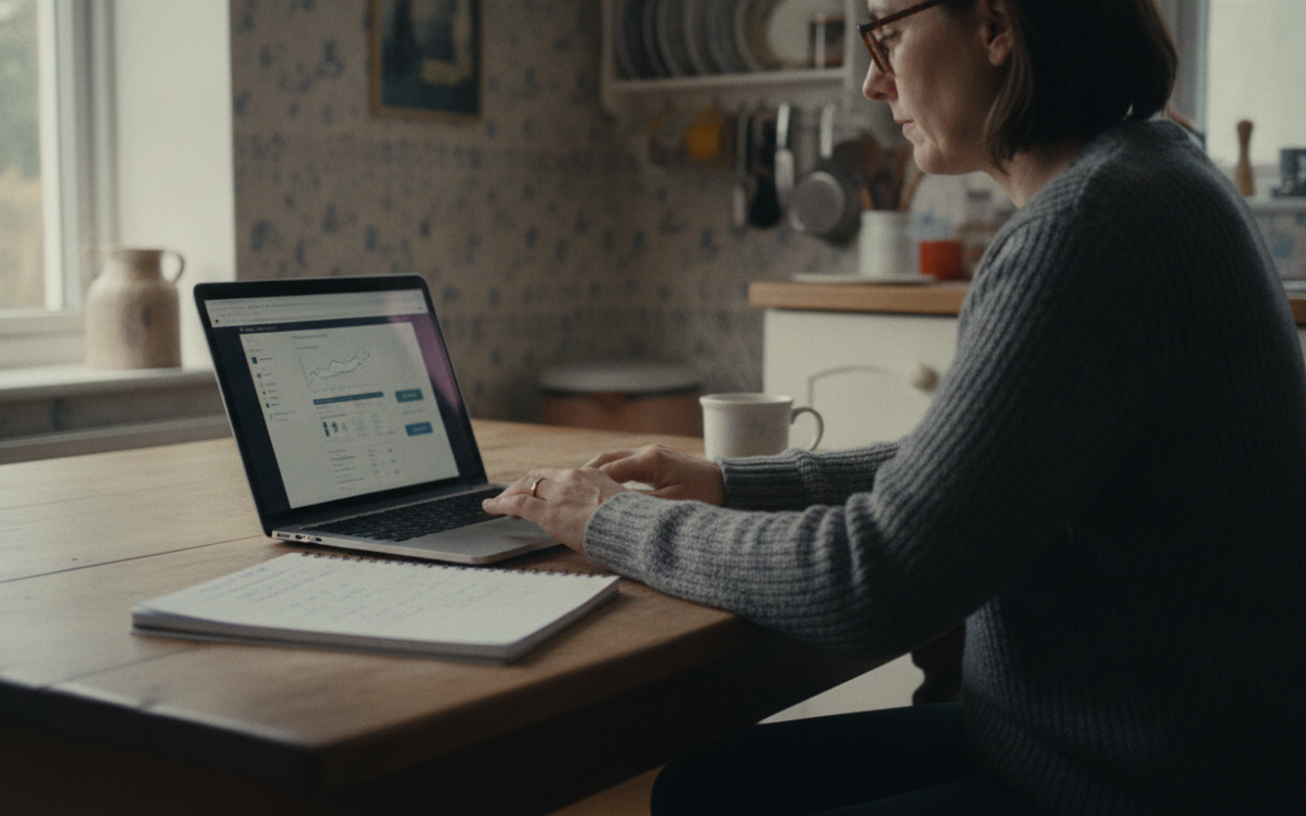 Person at a kitchen table using a laptop to compare breakdown cover options