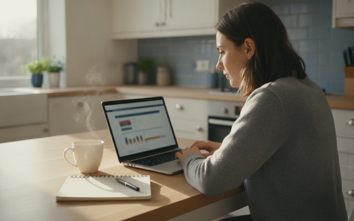 A person at a kitchen table using a laptop to compare broadband packages