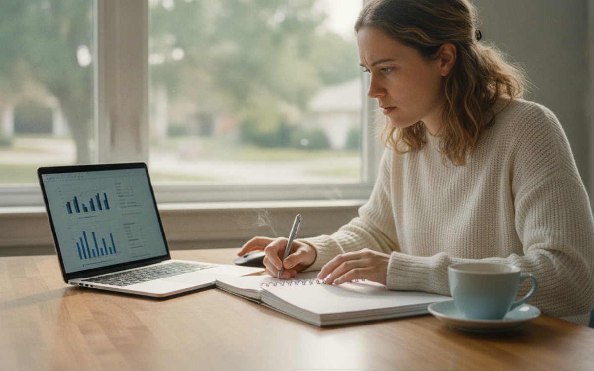 UK shopper comparing buy now pay later options on a laptop at a kitchen table