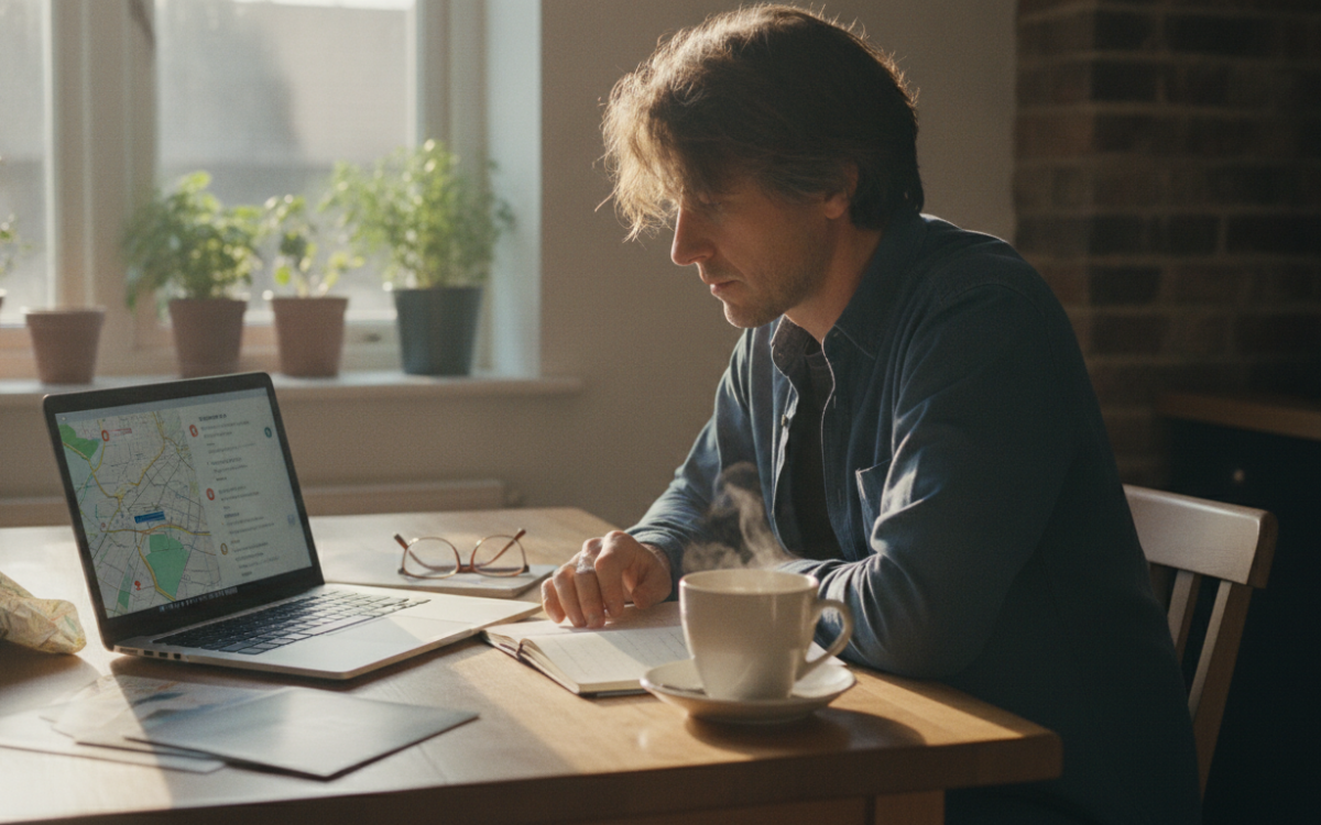 Person at a kitchen table using a laptop to compare city break destinations