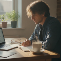 Person at a kitchen table using a laptop to compare city break destinations