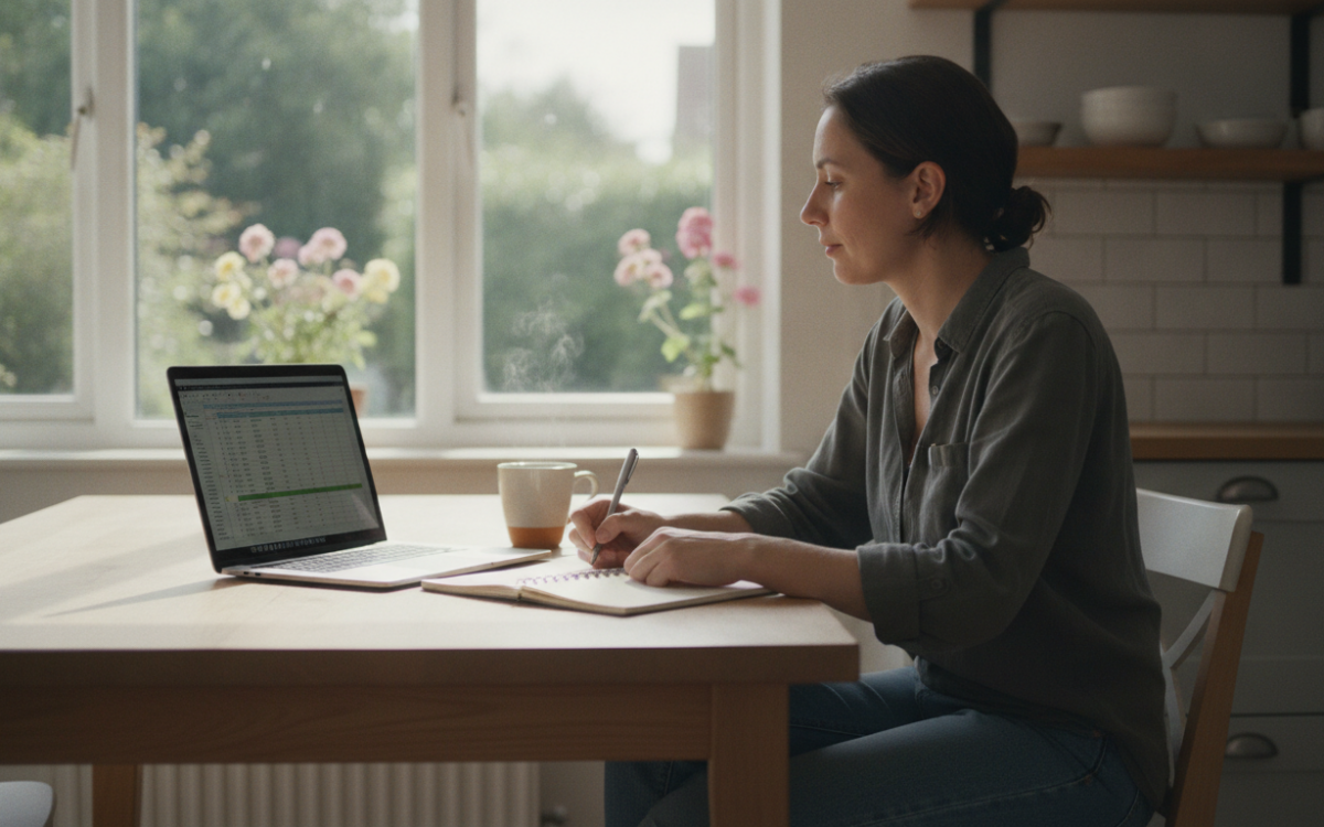 Person at a kitchen table using a laptop to compare credit cards