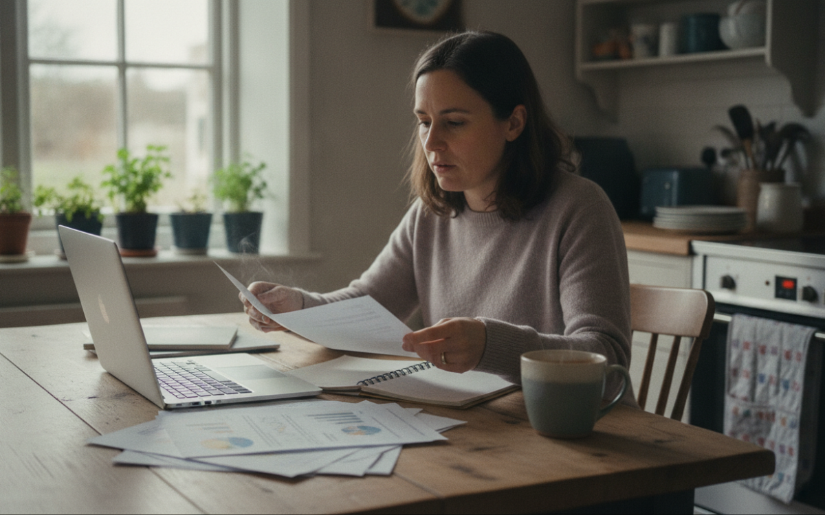 Person at a kitchen table using a laptop to compare dental plans in the UK