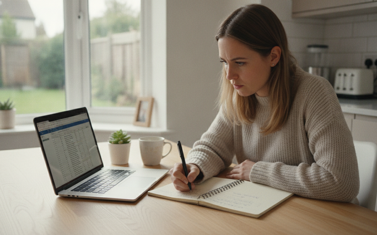 Person at a kitchen table using a laptop to compare health insurance options