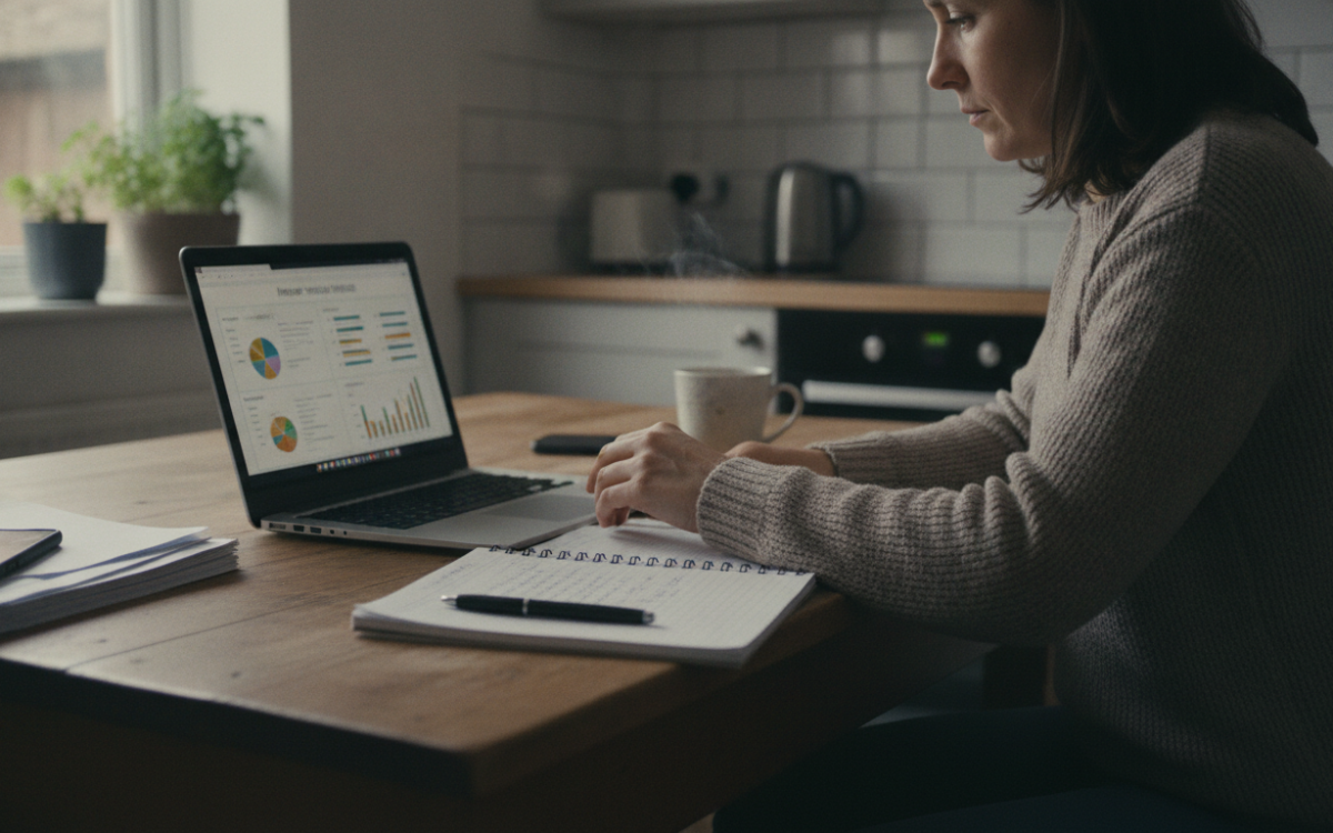 Person at a kitchen table using a laptop to compare home insurance options