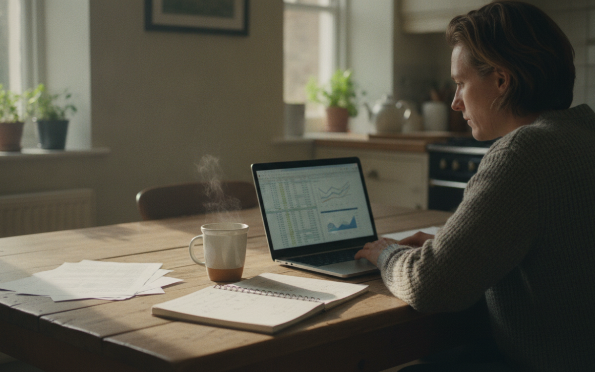 Person at a kitchen table using a laptop to compare life insurance options