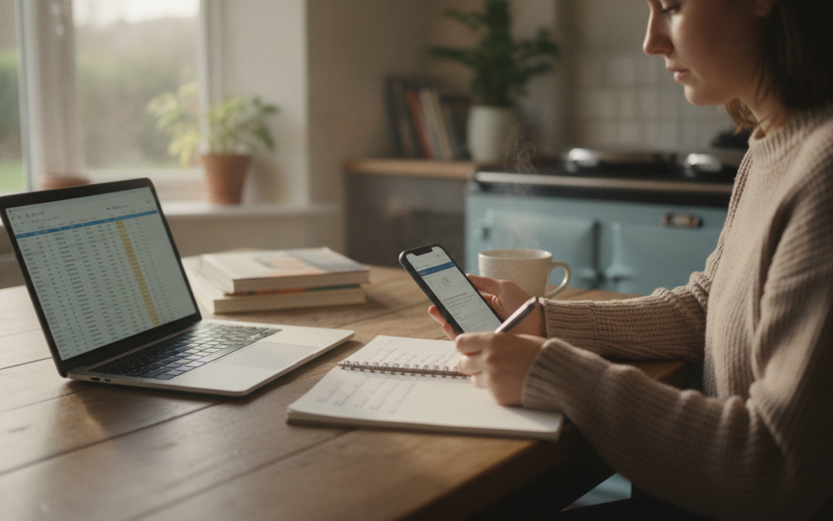 Person at a kitchen table using a laptop to compare mobile phone plans