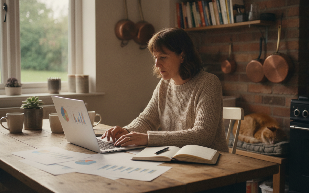 Person at a kitchen table using a laptop to compare mortgages and total costs
