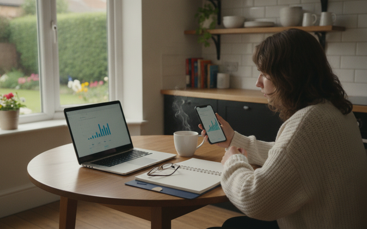 Person at a kitchen table trying to compare password managers on a laptop and phone