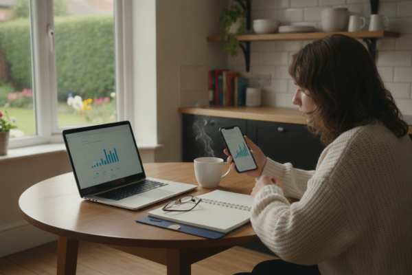 Person at a kitchen table trying to compare password managers on a laptop and phone