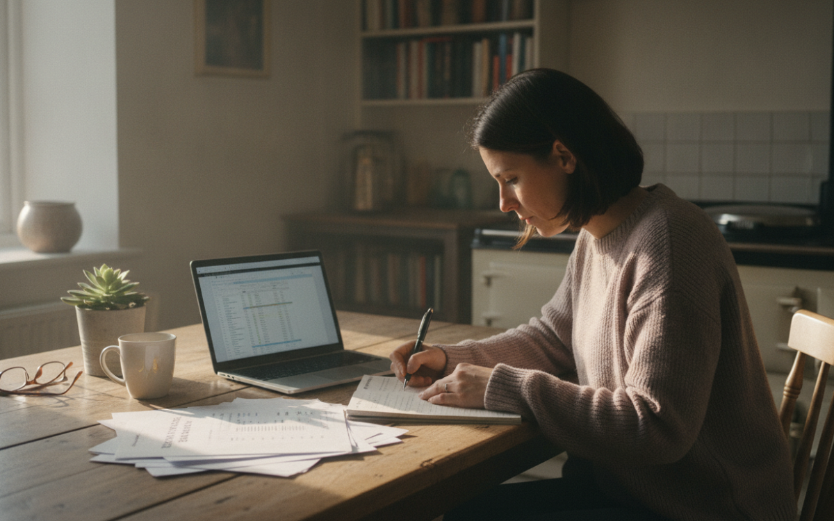 A person at a kitchen table using a laptop to compare pension options