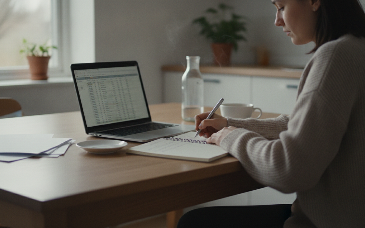 UK person at a kitchen table using a laptop to compare personal loans