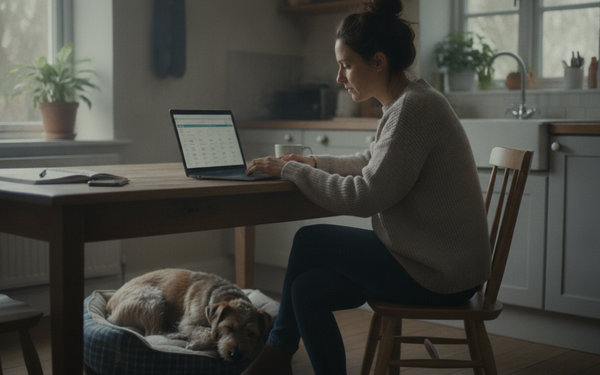 UK owner using a laptop to compare pet insurance at a kitchen table with a dog nearby