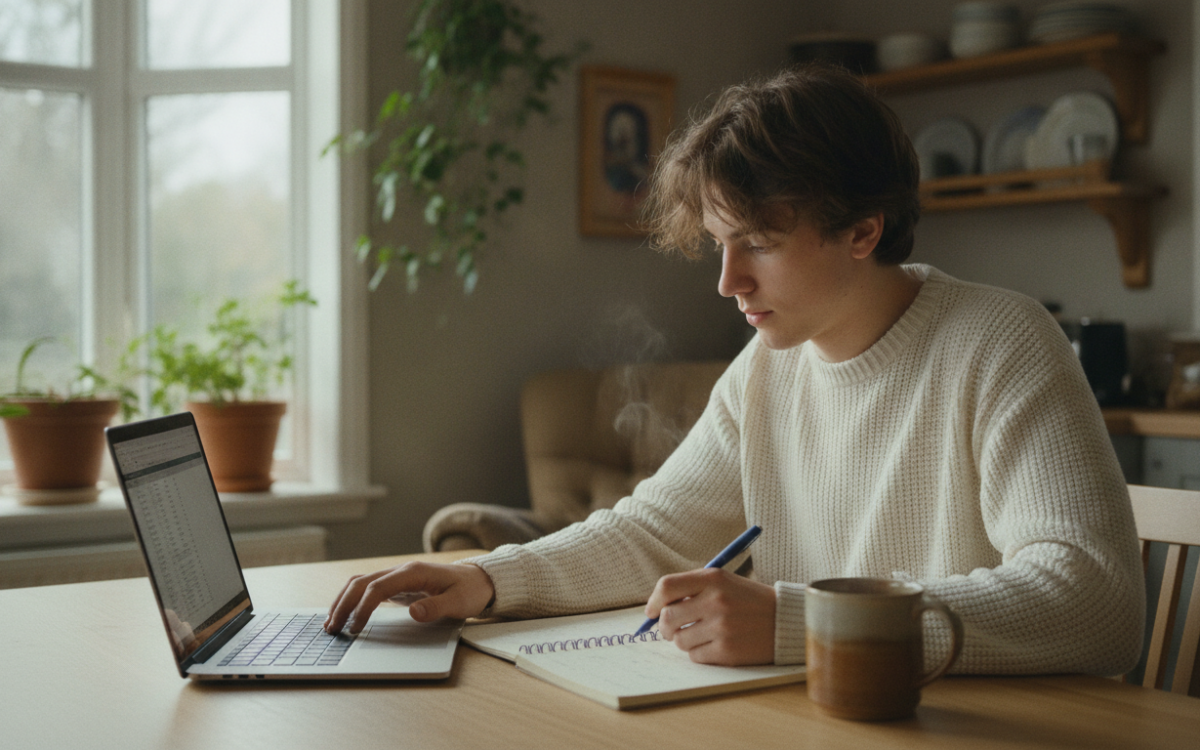 A person at a kitchen table using a laptop to compare savings accounts
