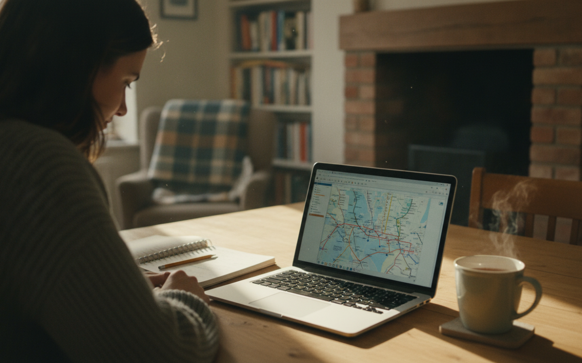 Person comparing cheap train tickets on a laptop at a kitchen table