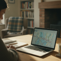 Person comparing cheap train tickets on a laptop at a kitchen table