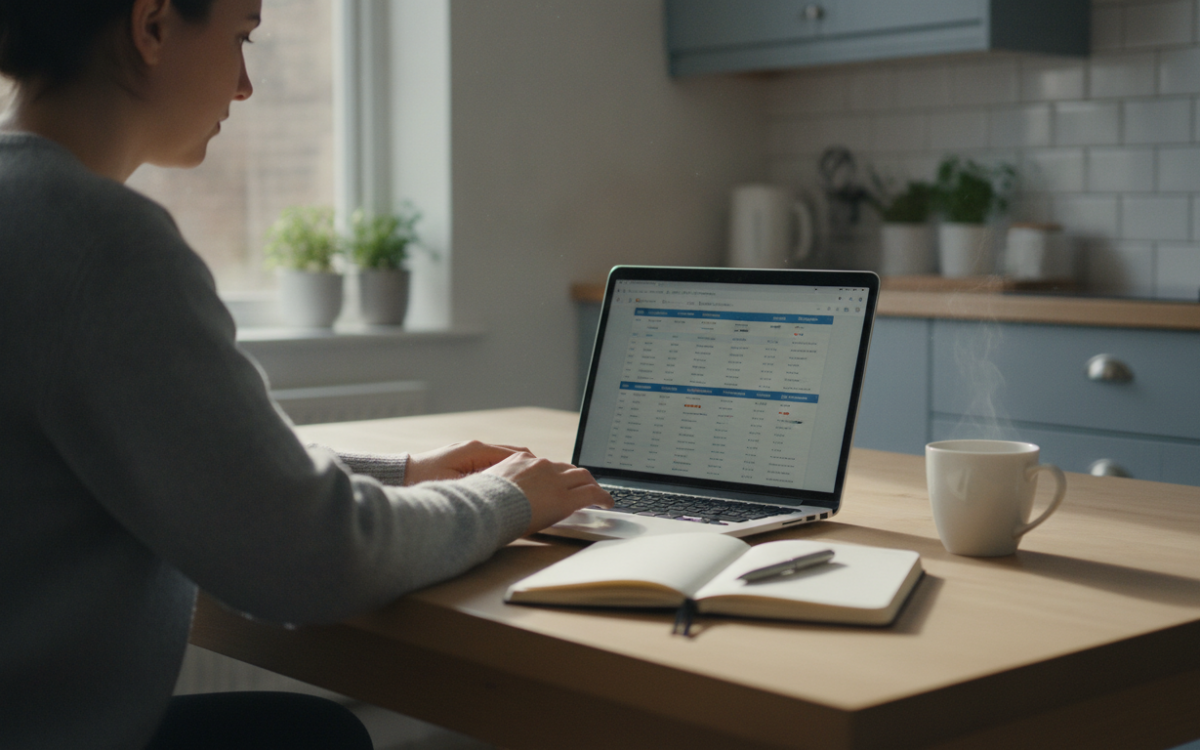 Person at a laptop comparing options to find cheaper flights at a kitchen table