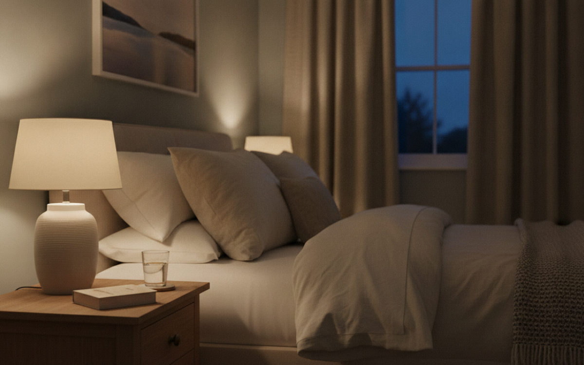 Calm bedroom scene showing how to improve your sleep routine with soft lighting and a book