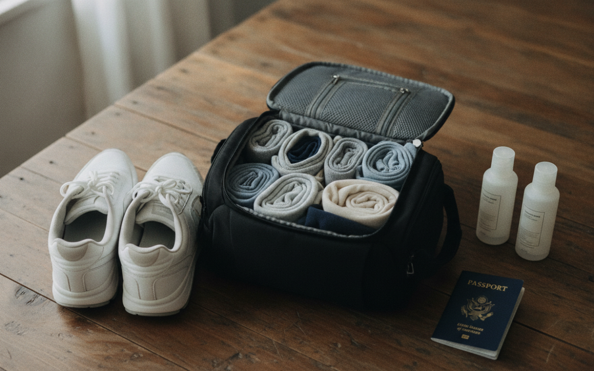Items laid out to pack light for any trip with a small carry on bag
