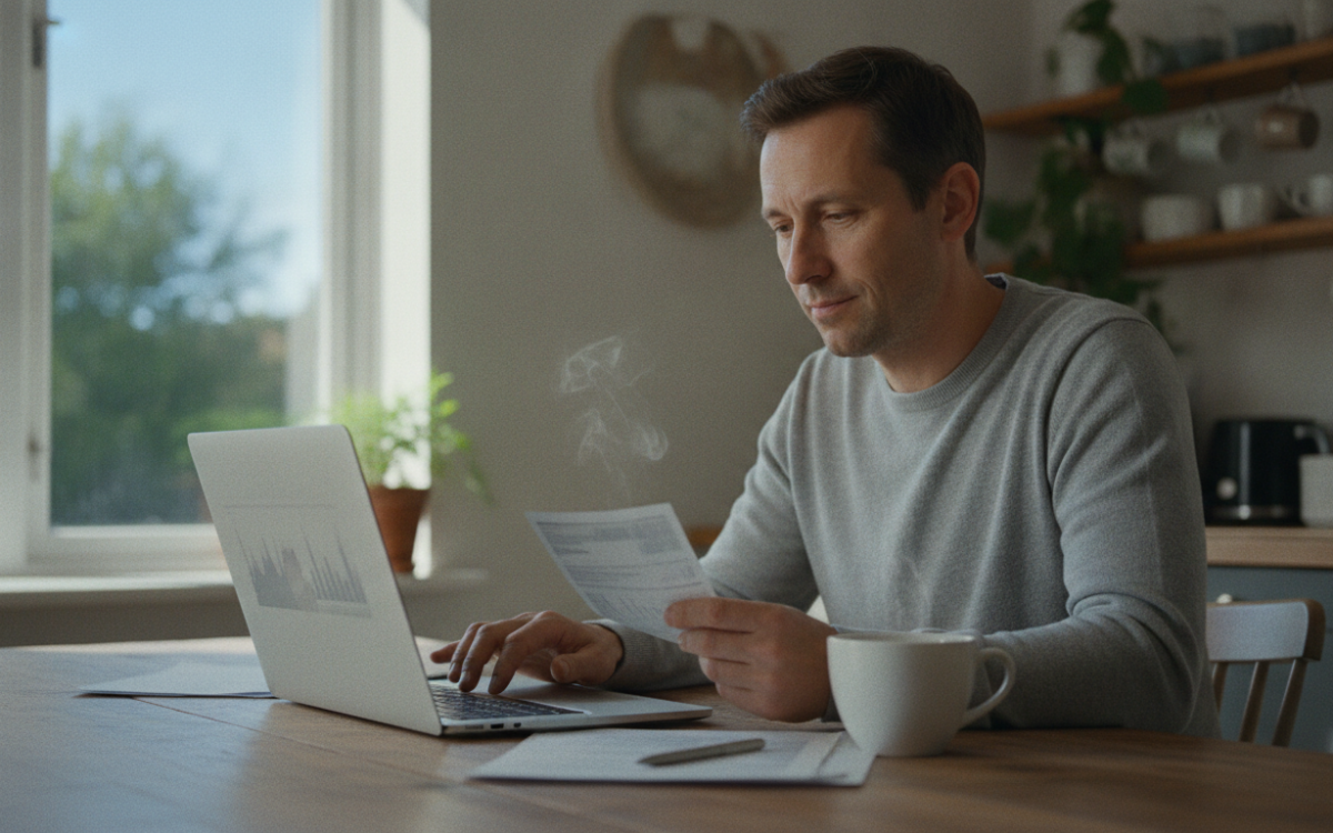 A person learning to read a council tax bill at a kitchen table with a laptop