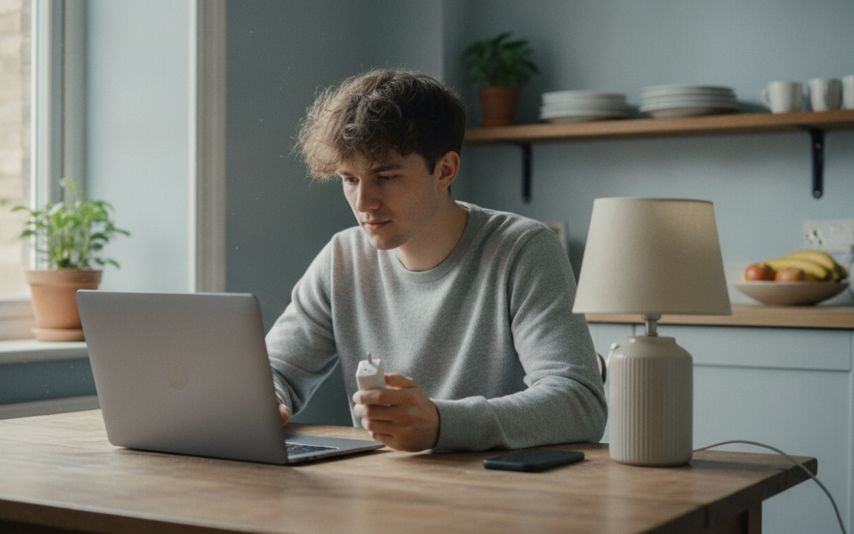 Person comparing devices to build a smart home on a budget at a kitchen table