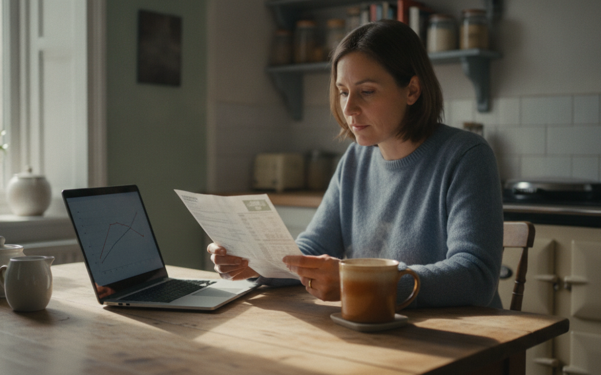 A person at a kitchen table learning to understand your energy bill with a laptop