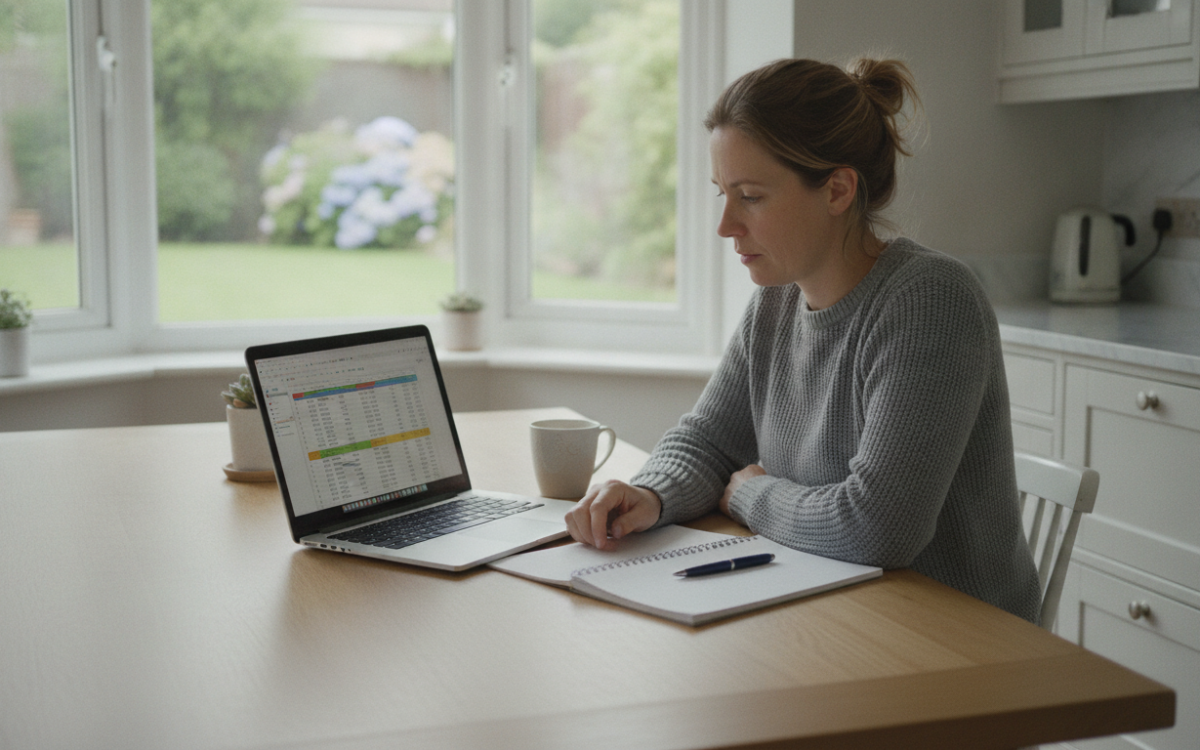 Parent reviewing child benefit changes on a laptop at a kitchen table